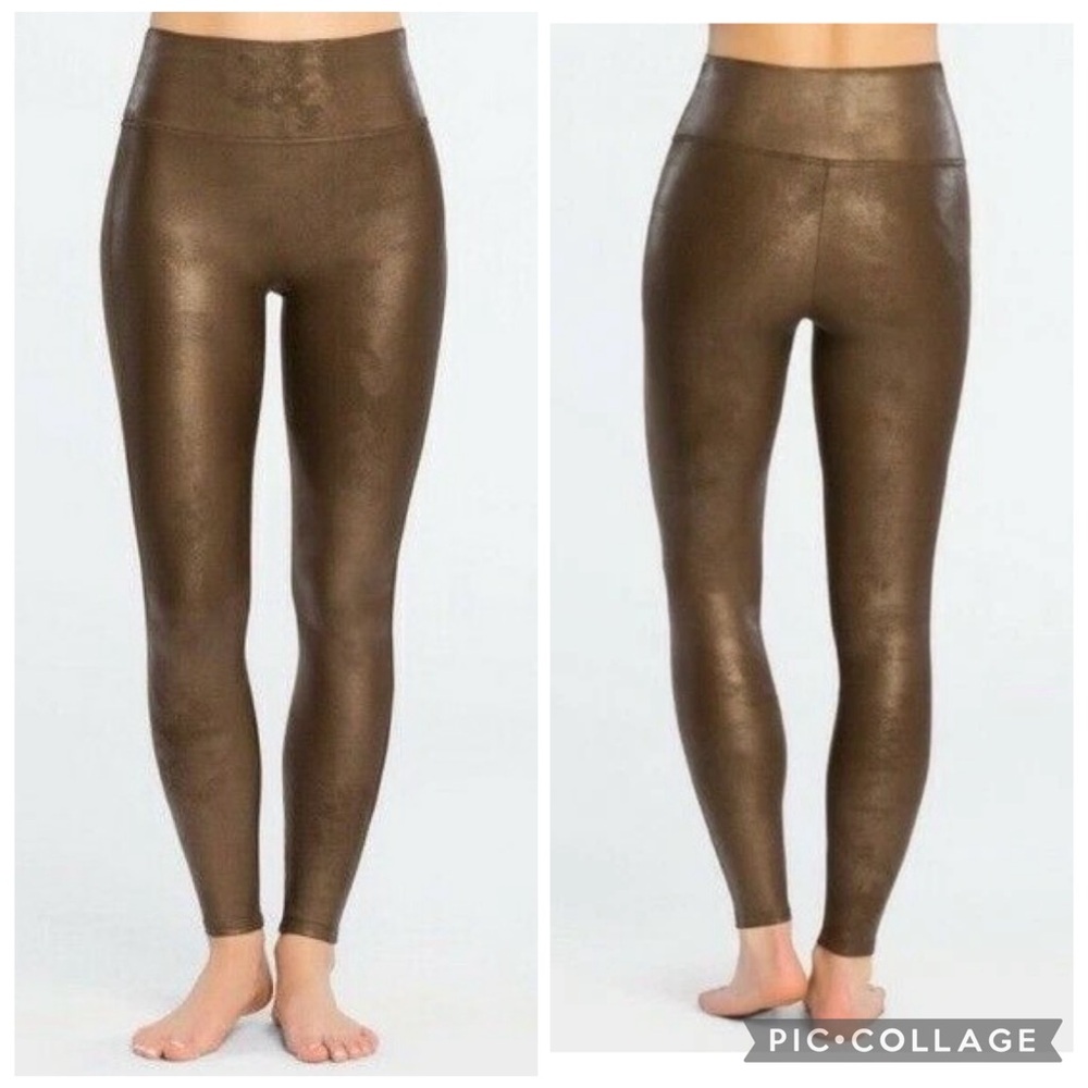 Spanx Faux Leather Shaping Waist Leggings Bronze Metallic NWT L